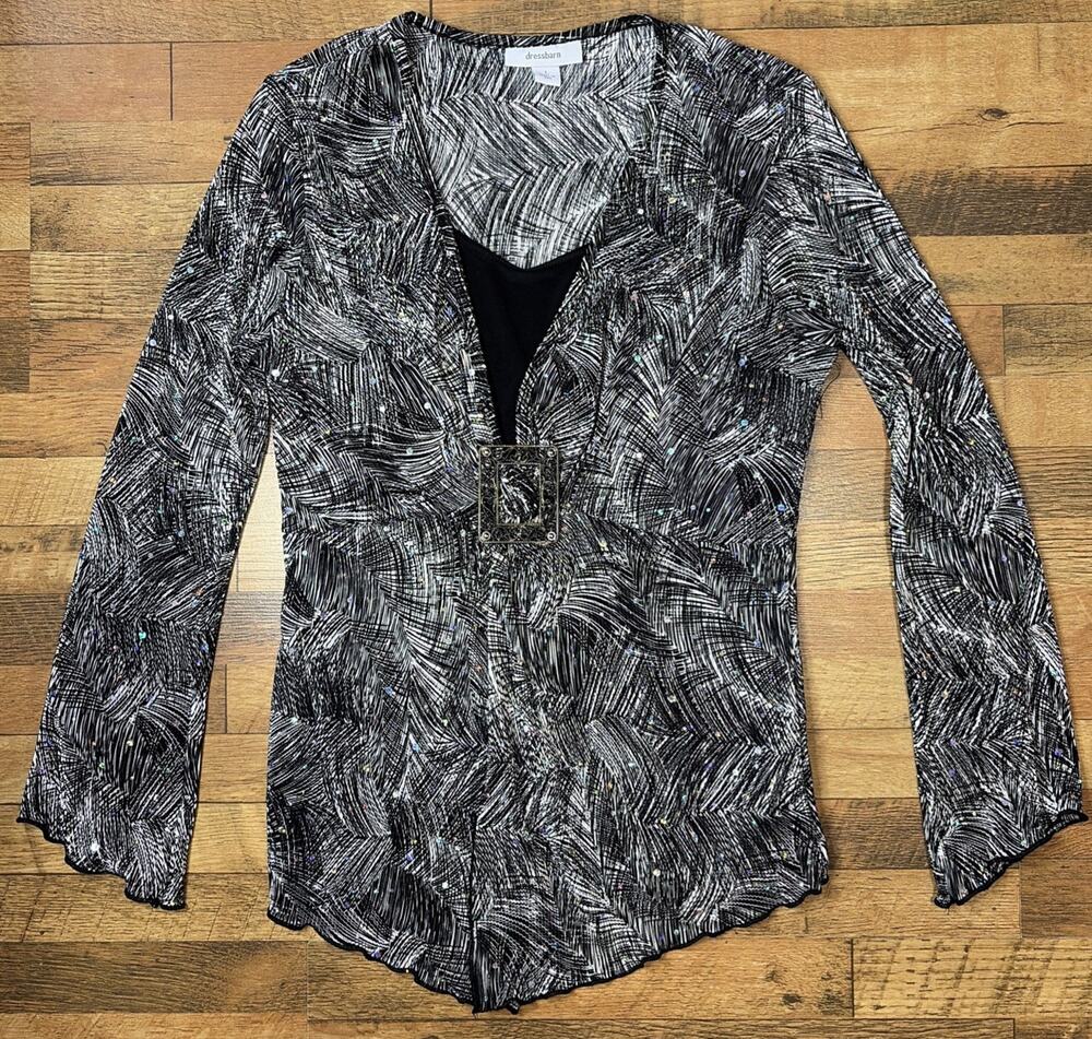 Dressbarn Womens Blouse Black White Geometric Long Sleeve Scoop Neck Size L